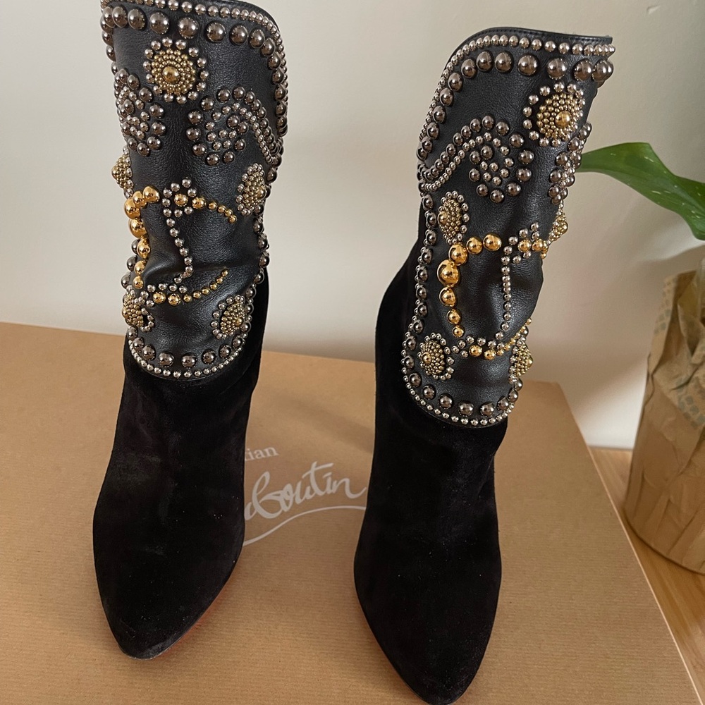 Christian Louboutin Black and Gold Embellished Heeled Boots